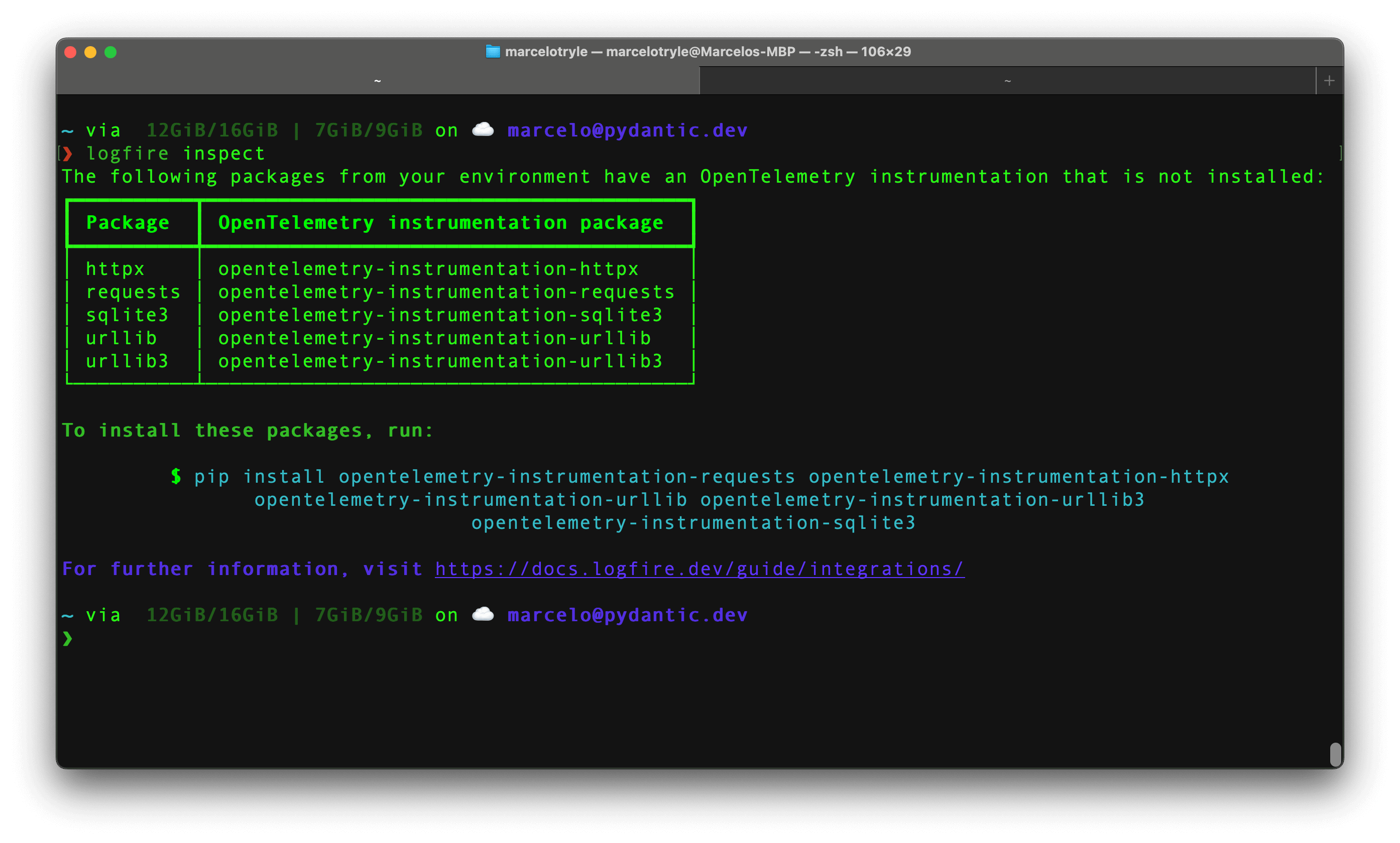 Terminal screenshot with Logfire inspect command